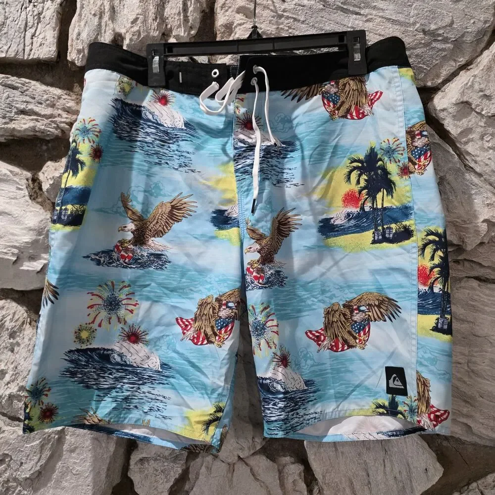 Quicksilver Swim Board Shorts Mens 34 American Flag July 4th USA Beer Eagle